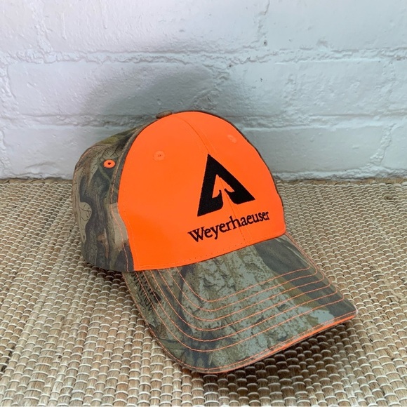 Weyerhaeuser Camo Baseball Cap Hat Logo Orange Safety Outdoor Nature